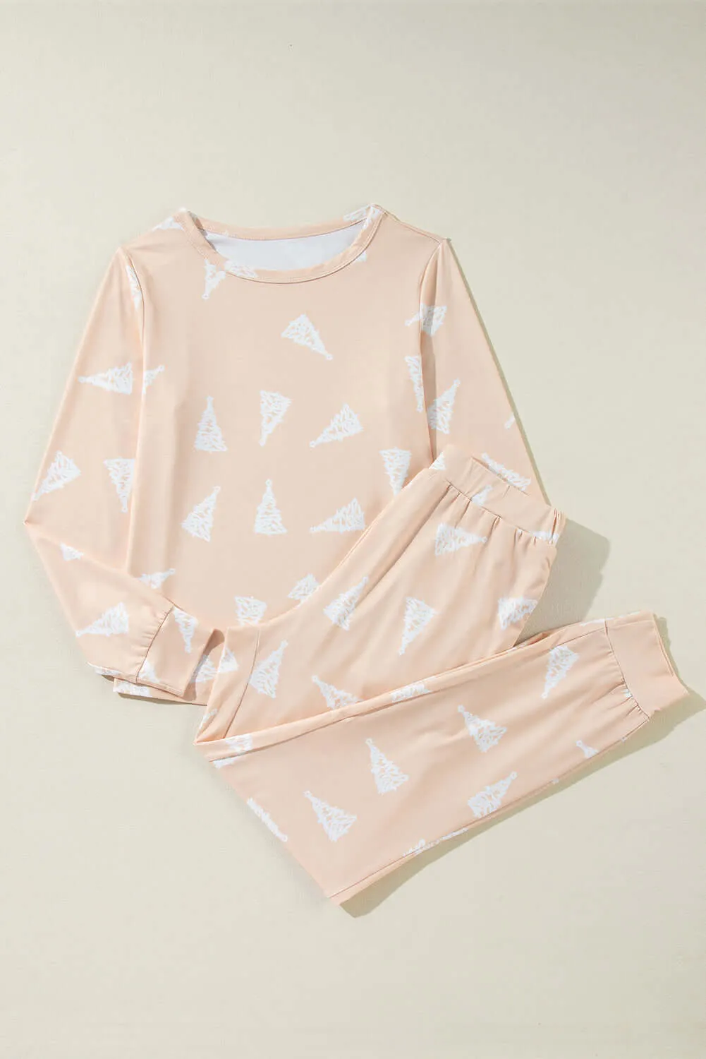 Apricot Christmas Tree Print Loose Fit Two Piece Pajama Set