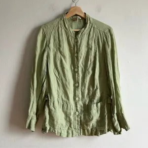 April Cornell Sz M Vintage Green Linen Light Button Front Blazer Jacket