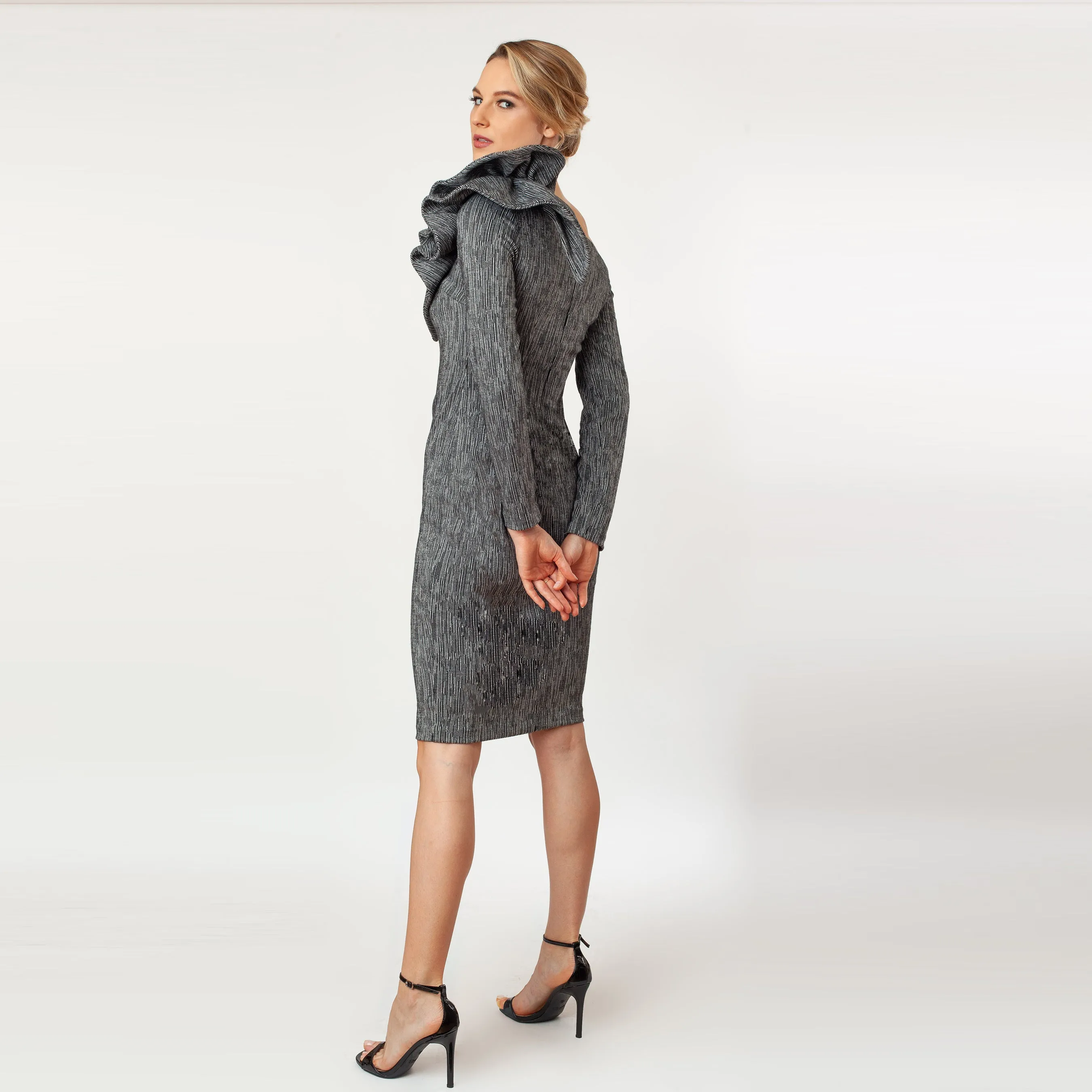 Assymmetric Ruffled Shoulder Sheath