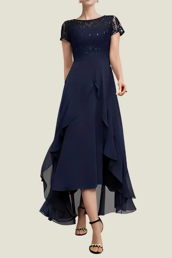 Asymmetrical Dark Navy Short Sleeves Mother of The Bride Dresses