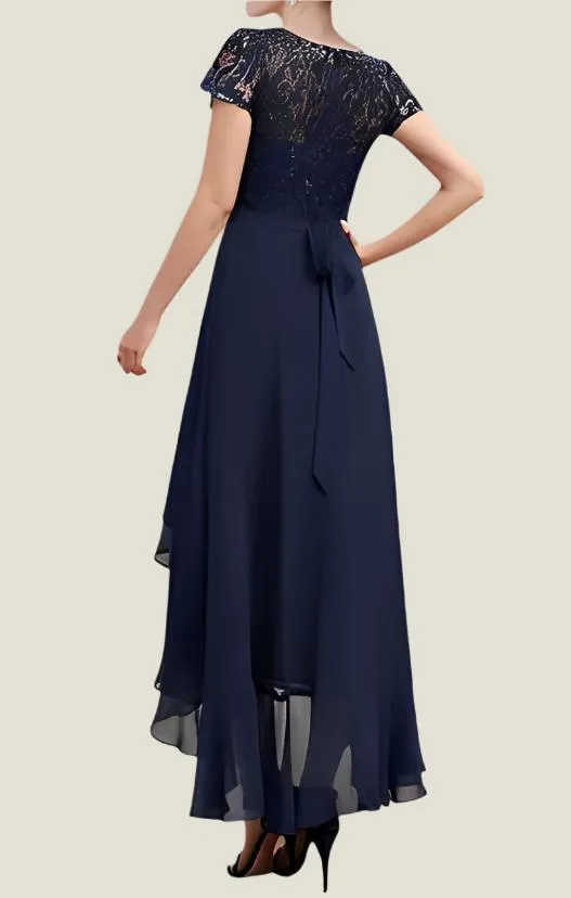 Asymmetrical Dark Navy Short Sleeves Mother of The Bride Dresses
