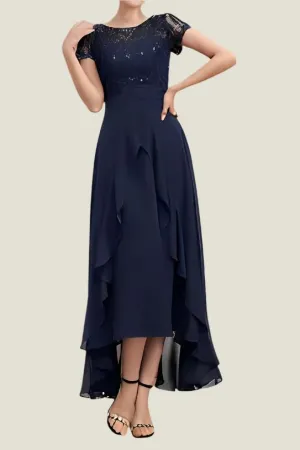 Asymmetrical Dark Navy Short Sleeves Mother of The Bride Dresses