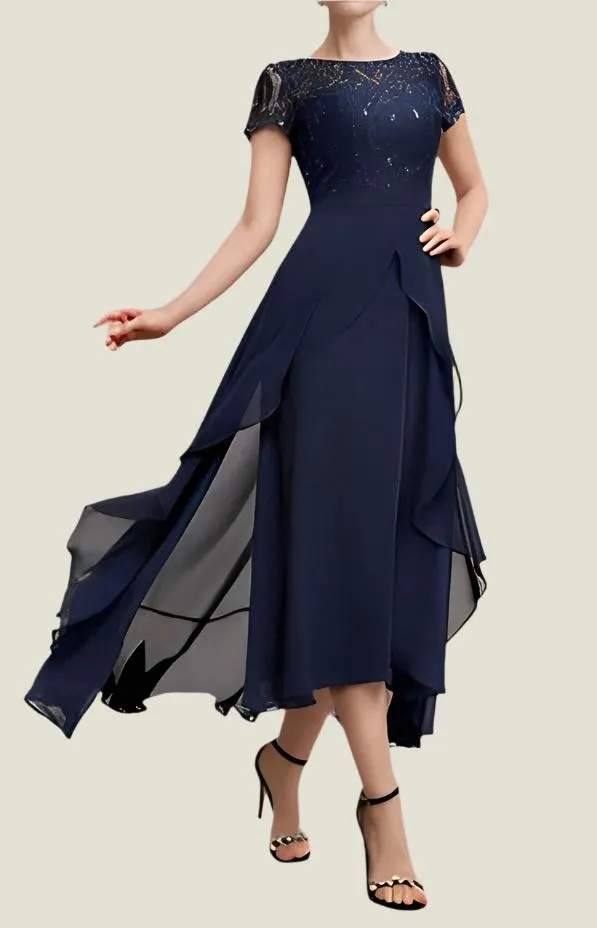 Asymmetrical Dark Navy Short Sleeves Mother of The Bride Dresses