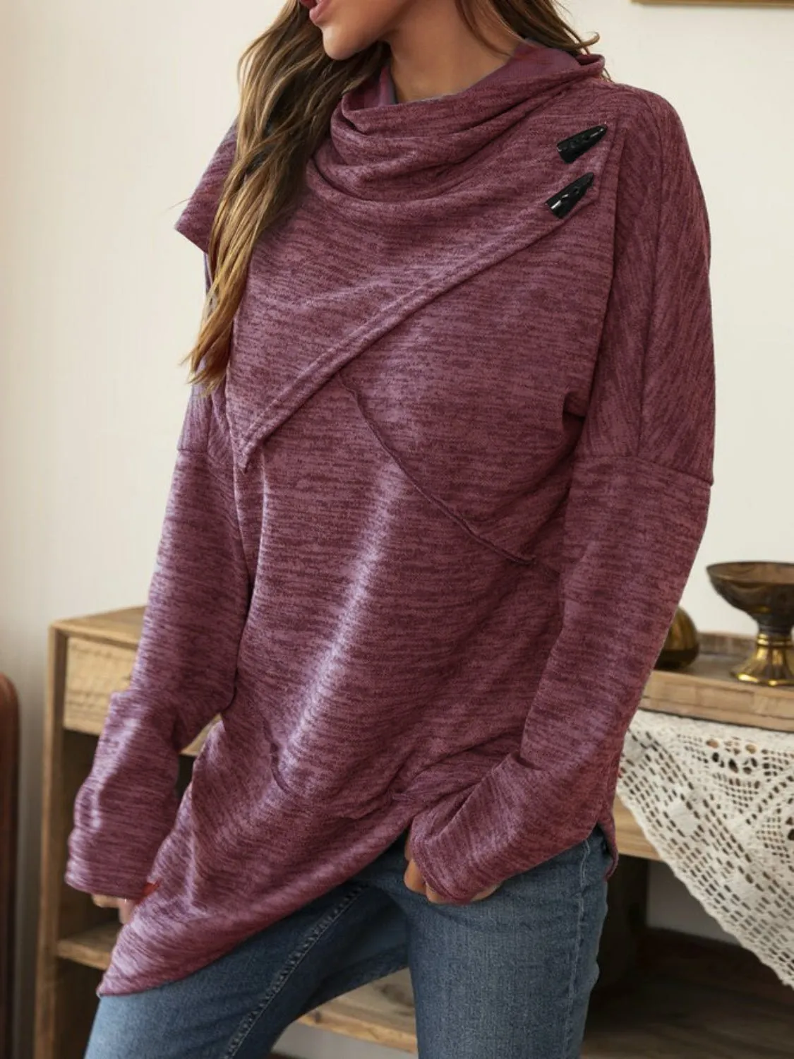 Asymmetrical Hem Cowl Neck Long Sleeve Shirt