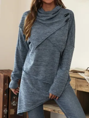 Asymmetrical Hem Cowl Neck Long Sleeve Shirt