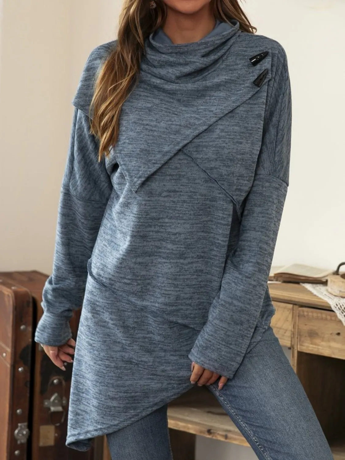 Asymmetrical Hem Cowl Neck Long Sleeve Shirt