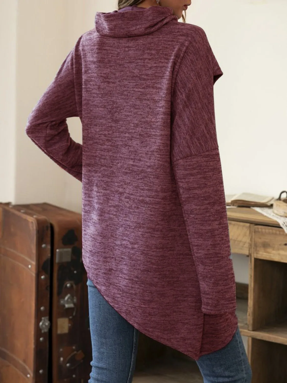 Asymmetrical Hem Cowl Neck Long Sleeve Shirt
