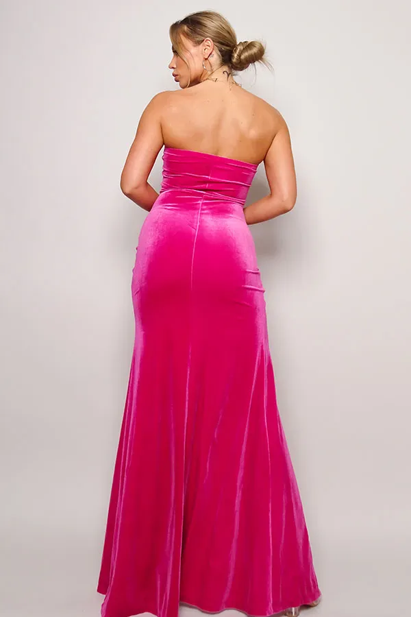 Asymmetrical Strapless Sweetheart Fitted Maxi Velvet Dress