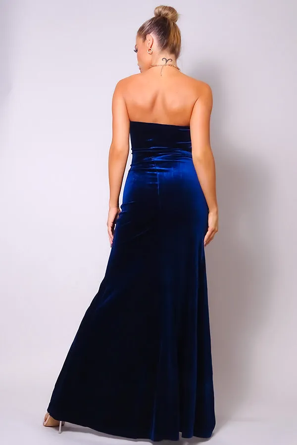 Asymmetrical Strapless Sweetheart Fitted Maxi Velvet Dress