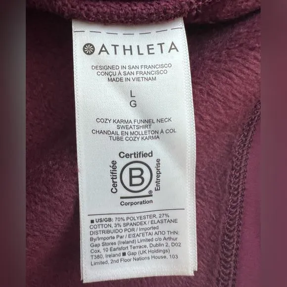 Athleta Burgundy Cozy Karma Funnel Neck Fleece Lined Sweatshirt Athleisure-Large