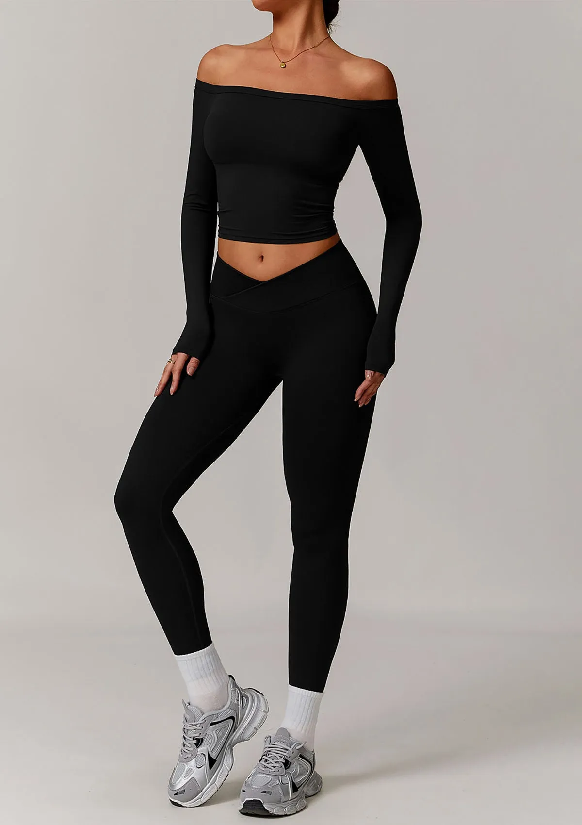 Athletic Wear Sets with Off Shoulder Basic T-Shirts and Leggings