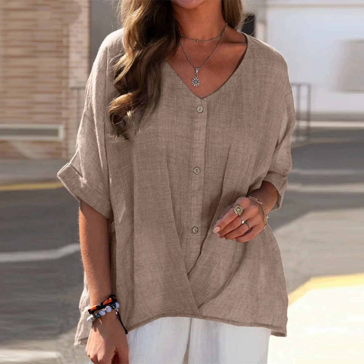 Auberte® | Stylish Women'S Linen Blouse With V-Neck & Button Placket