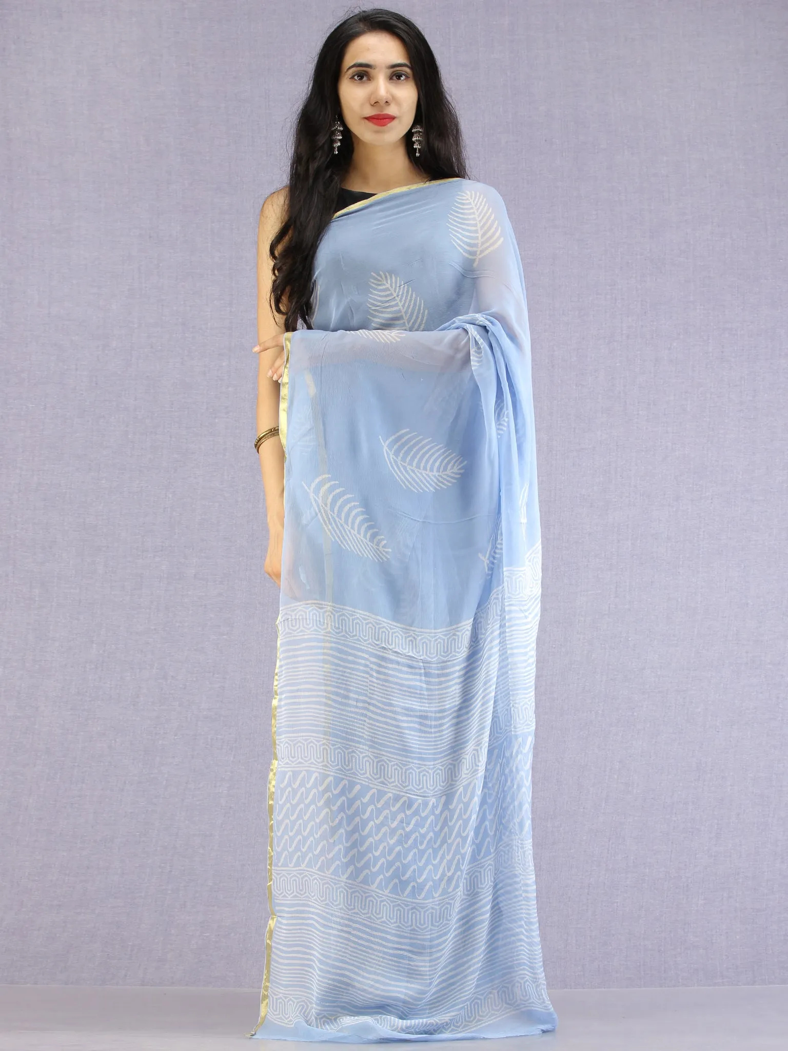 Baby Blue OffWhite Hand Block Printed Chiffon Saree with Zari Border - S031704604
