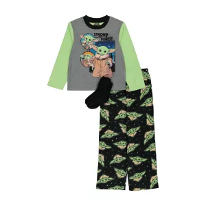 Baby Yoda Boys Pajama Set with Socks, Long Sleeve Top and Pants 3PC PJ Outfit, 4-10, Gray