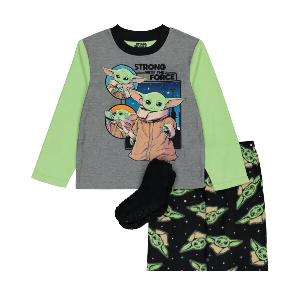 Baby Yoda Boys Pajama Set with Socks, Long Sleeve Top and Pants 3PC PJ Outfit, 4-10, Gray