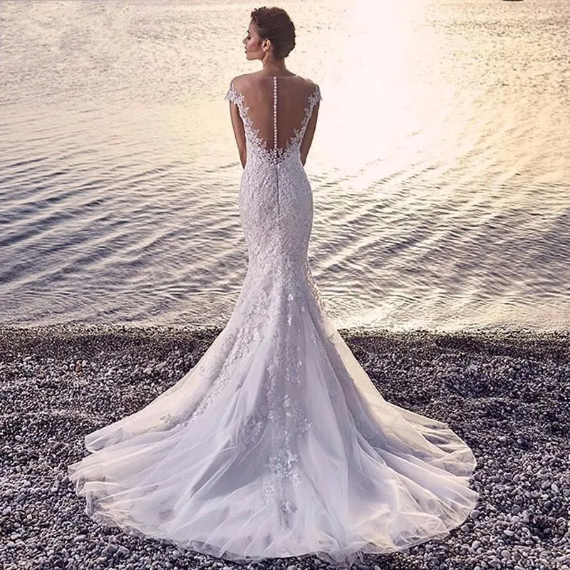 Backless Mermaid Vestidos De Novia Cap Sleeve Wedding Dresses Lace