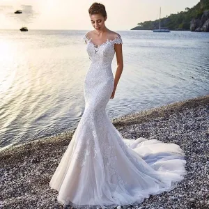 Backless Mermaid Vestidos De Novia Cap Sleeve Wedding Dresses Lace