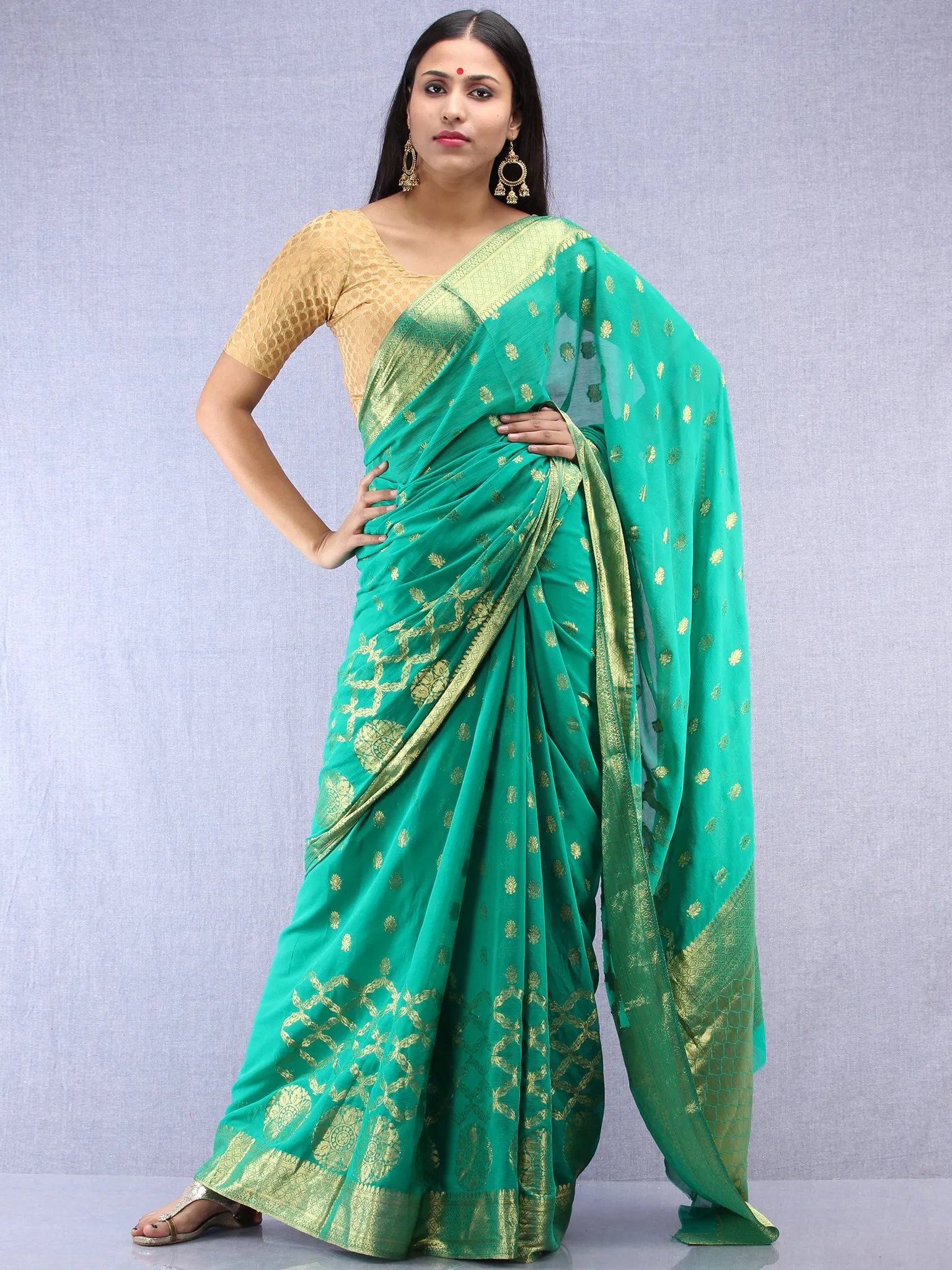 Banarasee Chiffon Saree With Golden Zari Weave - Sea Green & Gold - S031704403