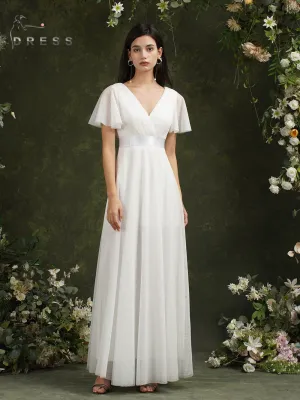 Beach Ivory Wedding Dresses For Women A-Line Puffer Short Sleeve