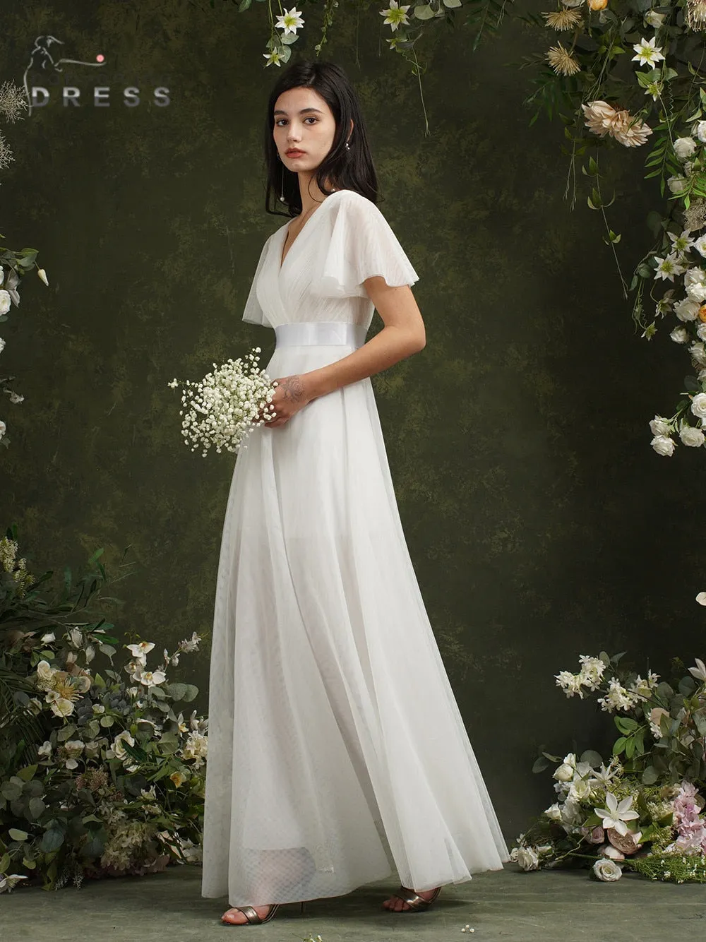 Beach Ivory Wedding Dresses For Women A-Line Puffer Short Sleeve