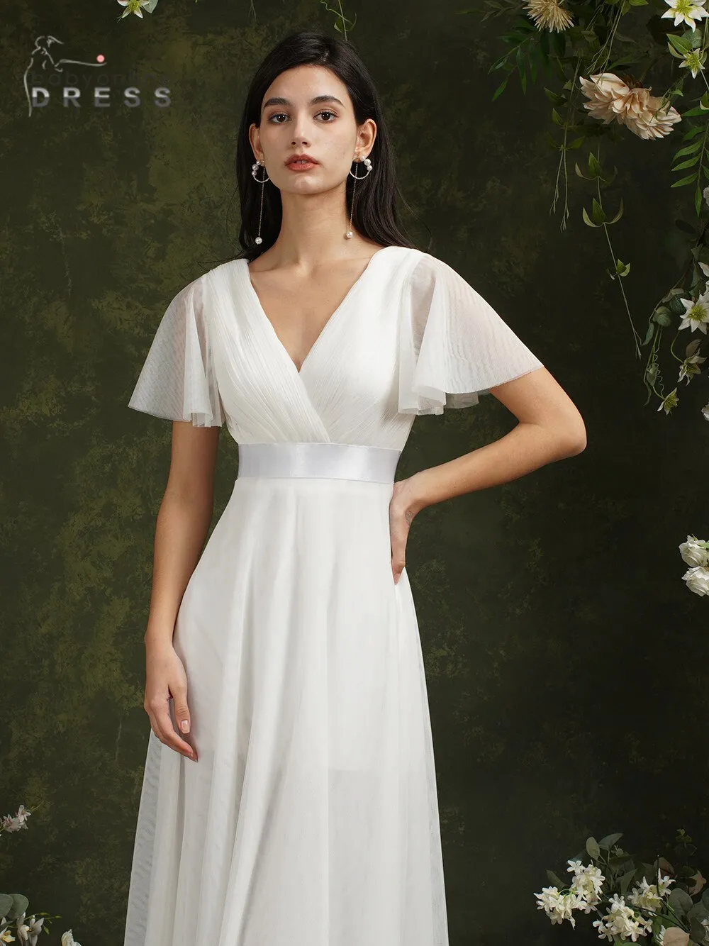 Beach Ivory Wedding Dresses For Women A-Line Puffer Short Sleeve