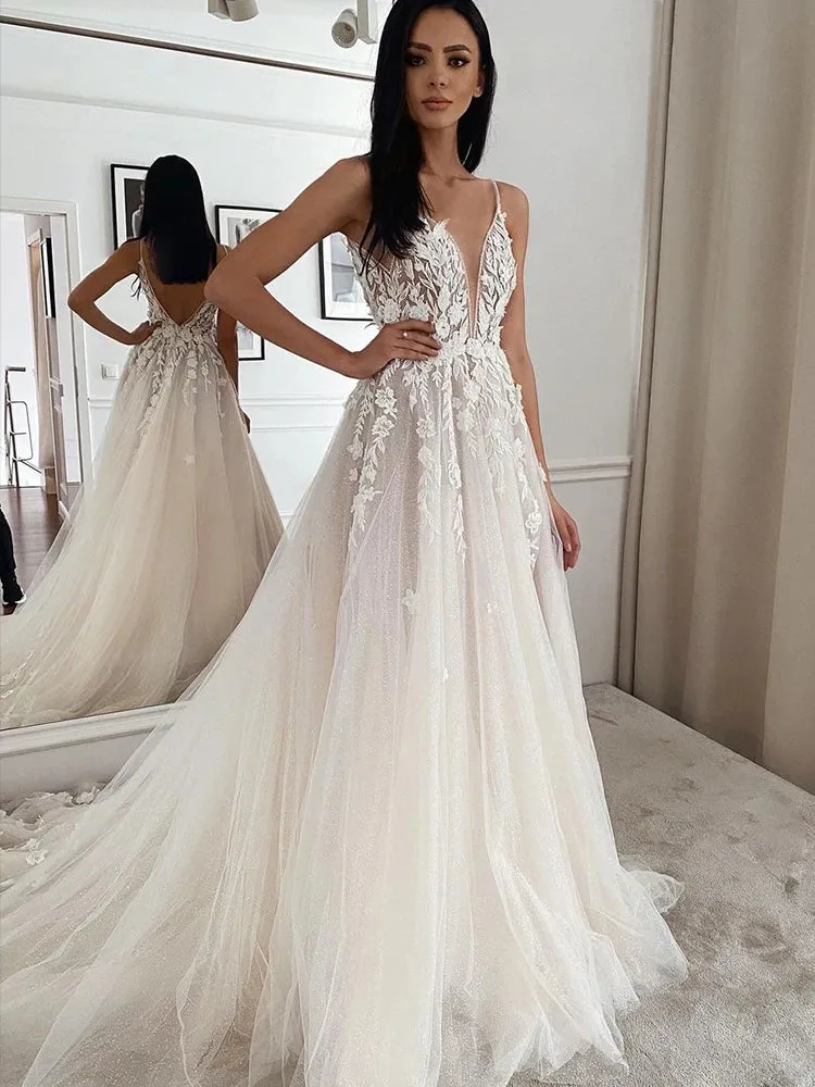 Beach Lace Appliques Sleeveless Wedding Dress 2024 V Neck Bride Dress
