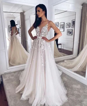 Beach Lace Appliques Sleeveless Wedding Dress 2024 V Neck Bride Dress