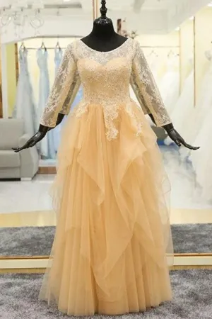 Beaded Lace Modest Evening Dress Long Sleeves Tulle Skirt