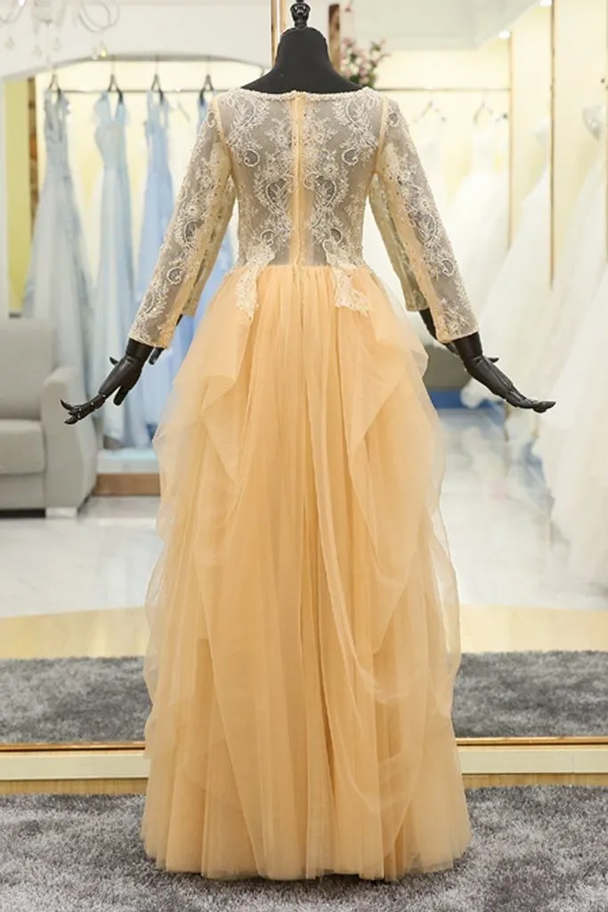 Beaded Lace Modest Evening Dress Long Sleeves Tulle Skirt