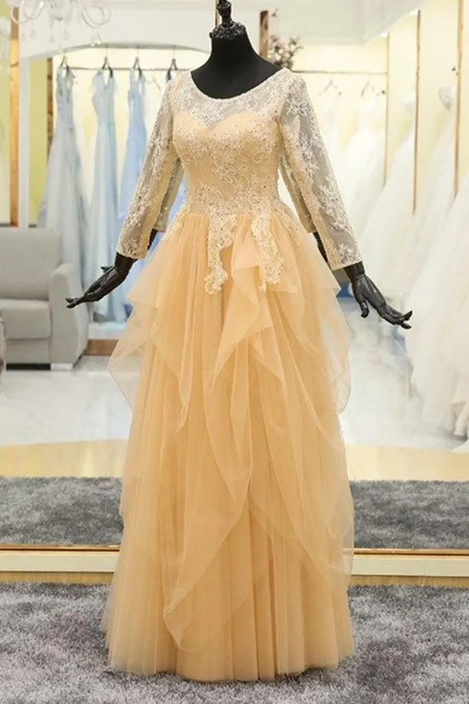 Beaded Lace Modest Evening Dress Long Sleeves Tulle Skirt