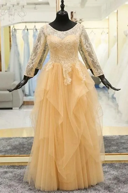 Beaded Lace Modest Evening Dress Long Sleeves Tulle Skirt