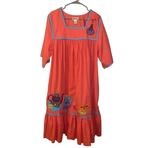 Bechamel XL Cotton Nightgown Lounge Dress 2 Pockets Teapot Embroidery