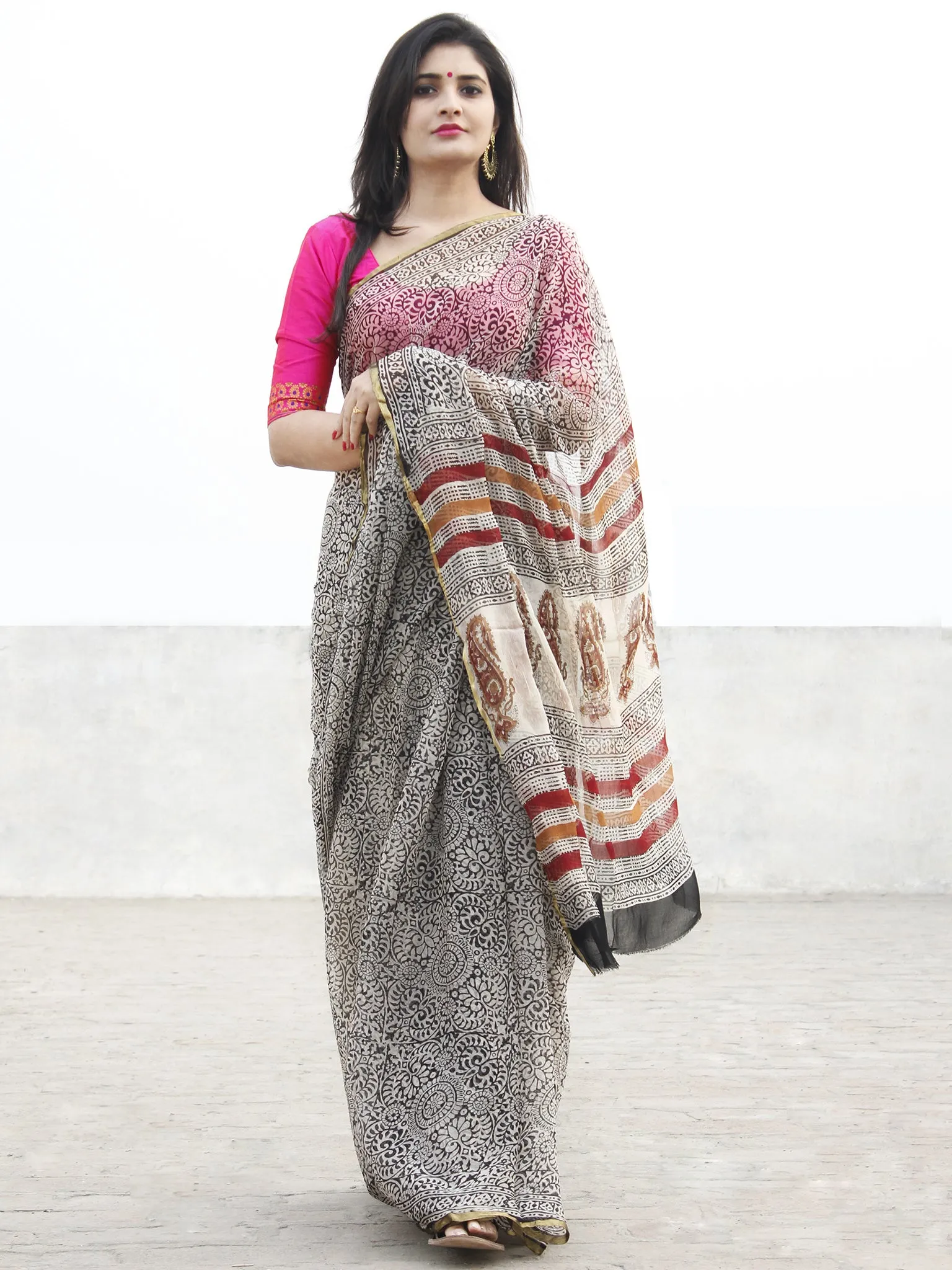 Beige Black Hand Block Printed Chiffon Saree with zari border- S031702567