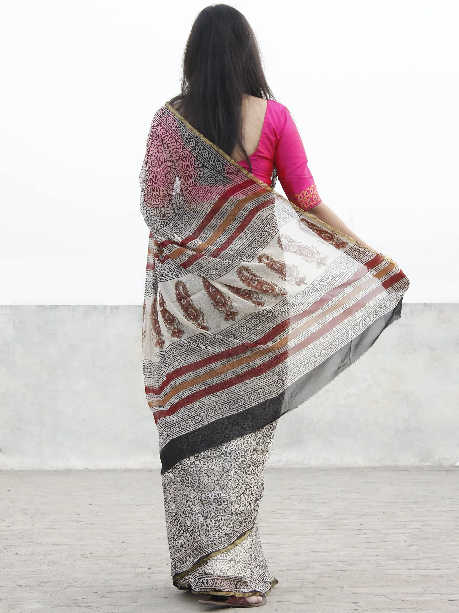 Beige Black Hand Block Printed Chiffon Saree with zari border- S031702567
