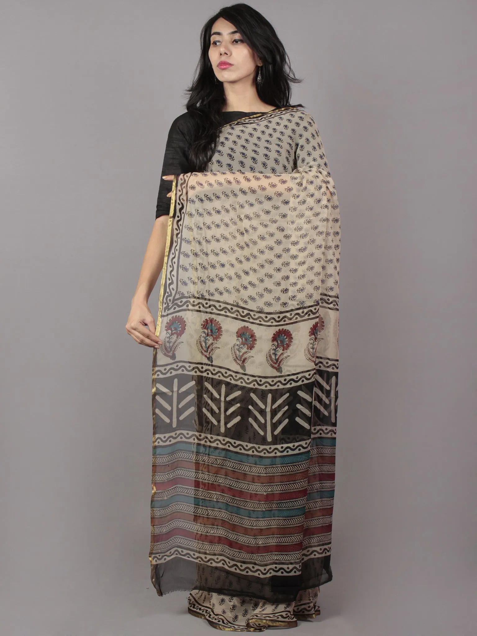 Beige Black Maroon Green Hand Block Printed Chiffon Saree - S031701691