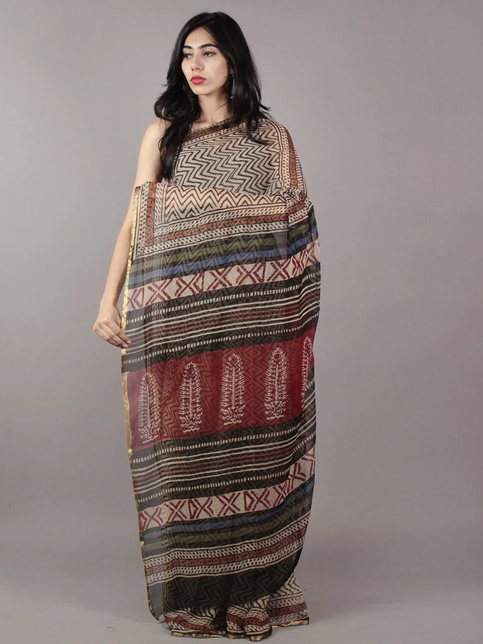 Beige Black Maroon Hand Block Printed Chiffon Saree - S031701813