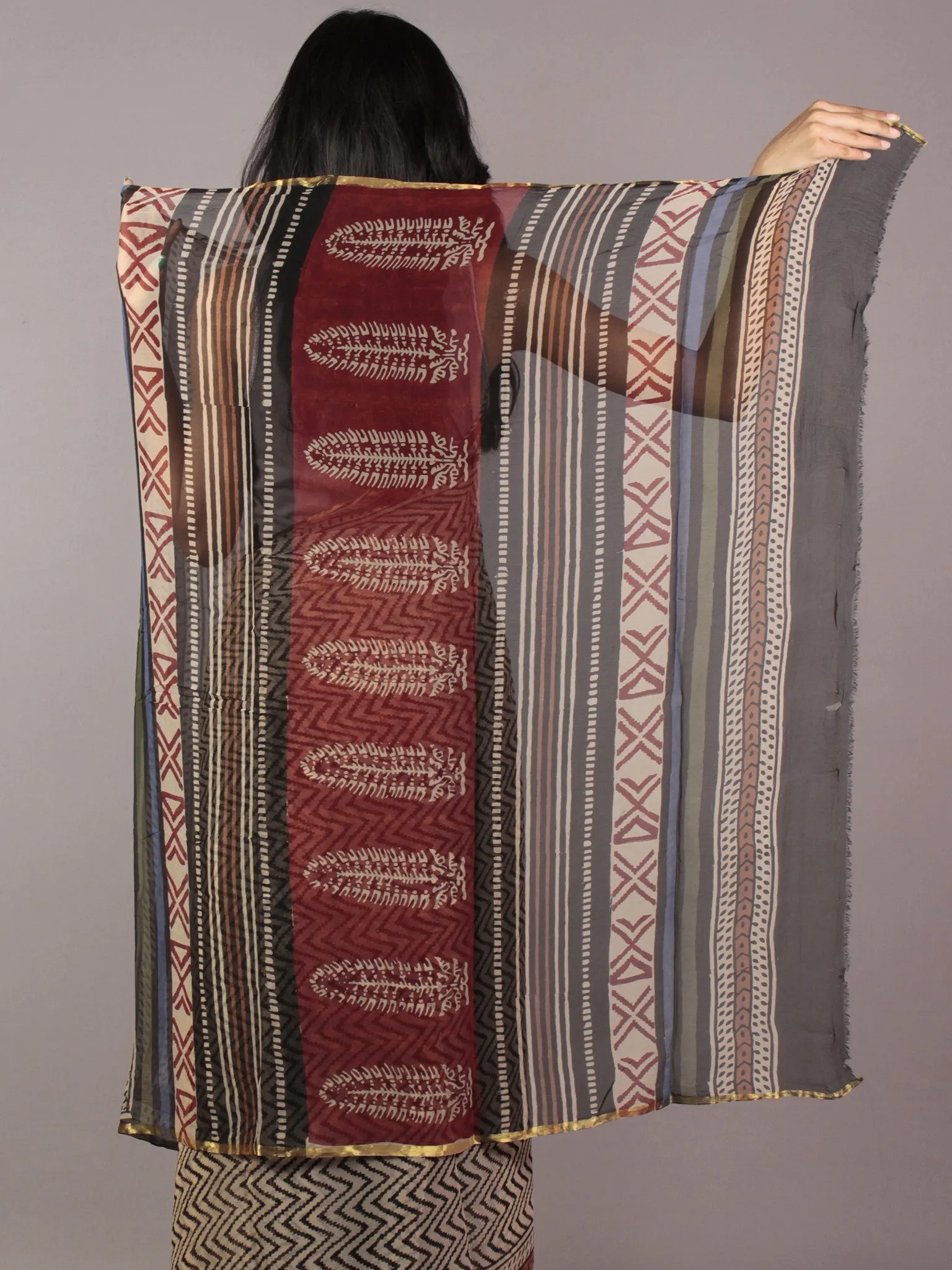 Beige Black Maroon Hand Block Printed Chiffon Saree - S031701813