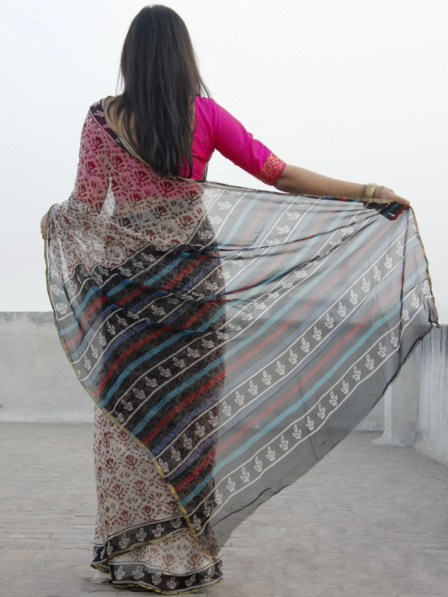 Beige Black Maroon Hand Block Printed Chiffon Saree With Zari Border- S031702579
