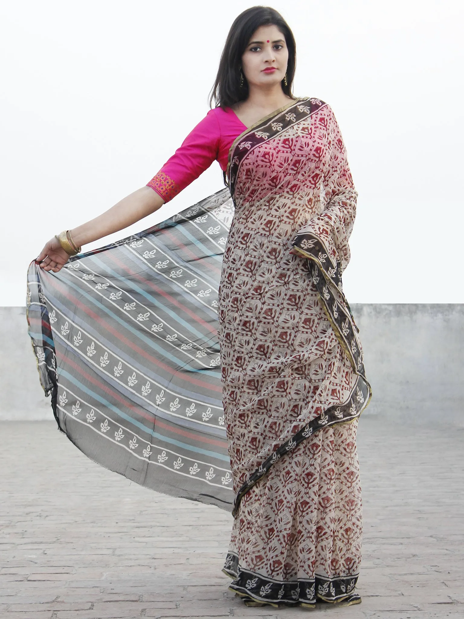 Beige Black Maroon Hand Block Printed Chiffon Saree With Zari Border- S031702579