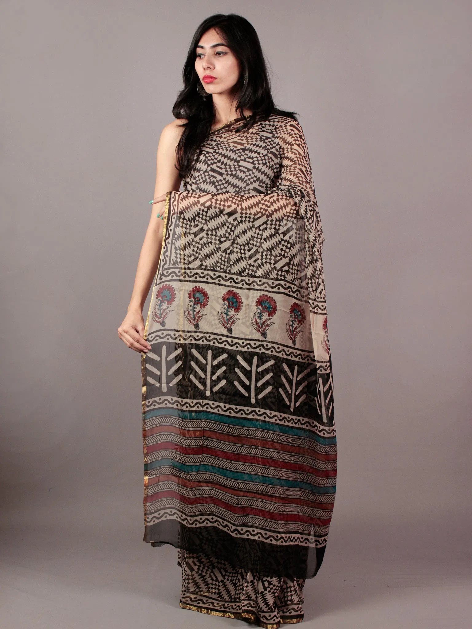 Beige Black Maroon Teal Green Hand Block Printed Chiffon Saree - S031701840