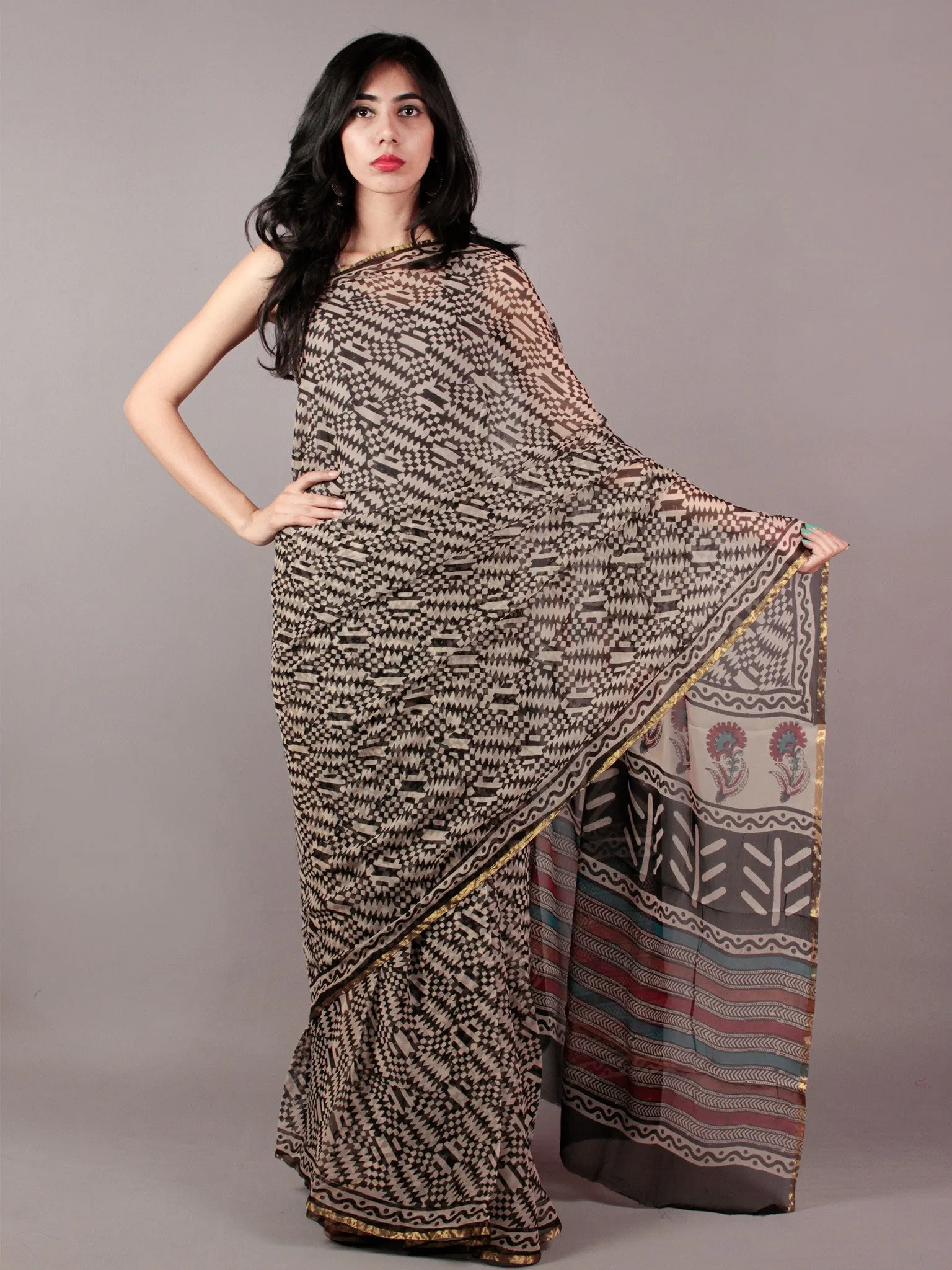 Beige Black Maroon Teal Green Hand Block Printed Chiffon Saree - S031701840