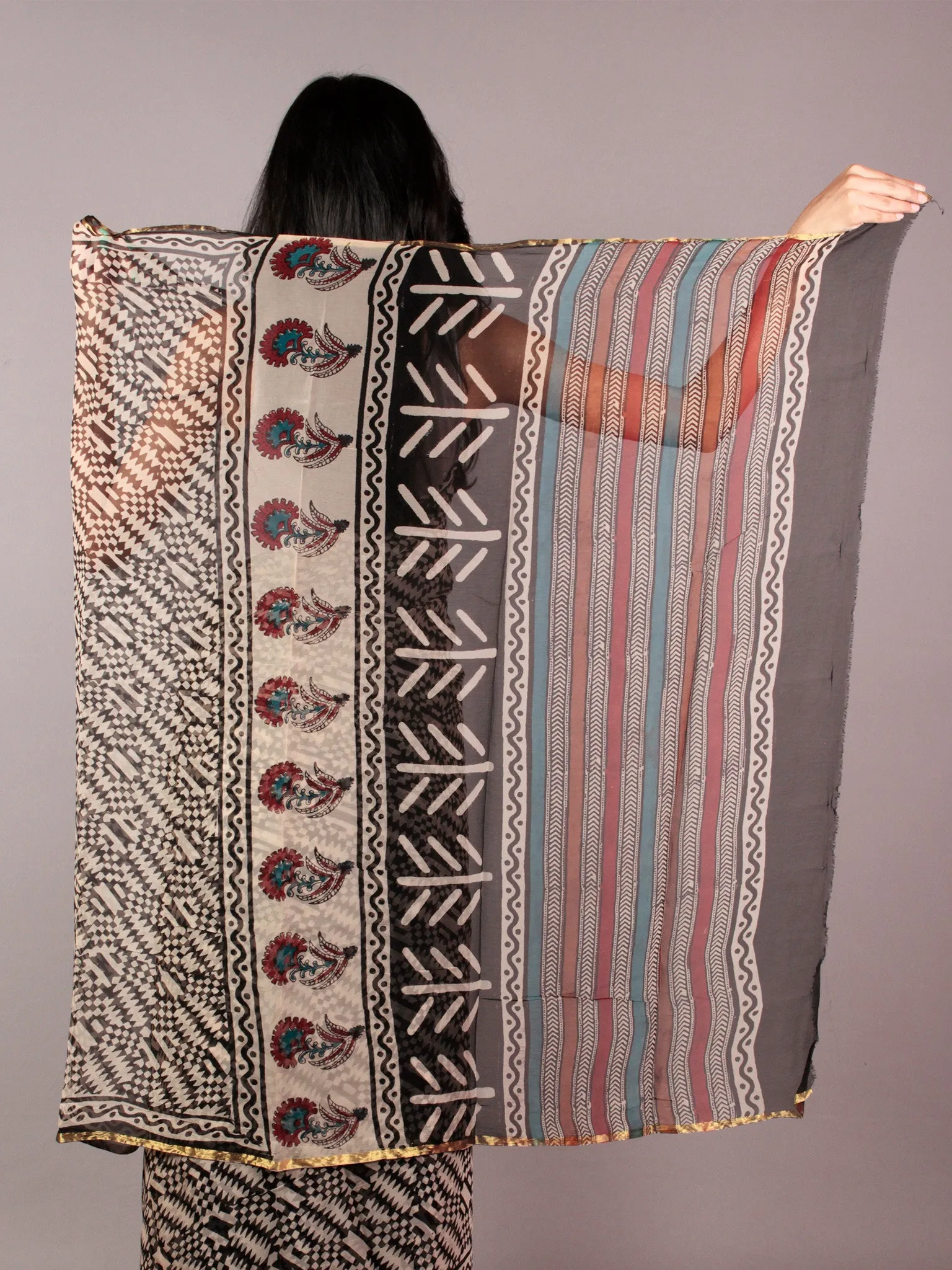 Beige Black Maroon Teal Green Hand Block Printed Chiffon Saree - S031701840