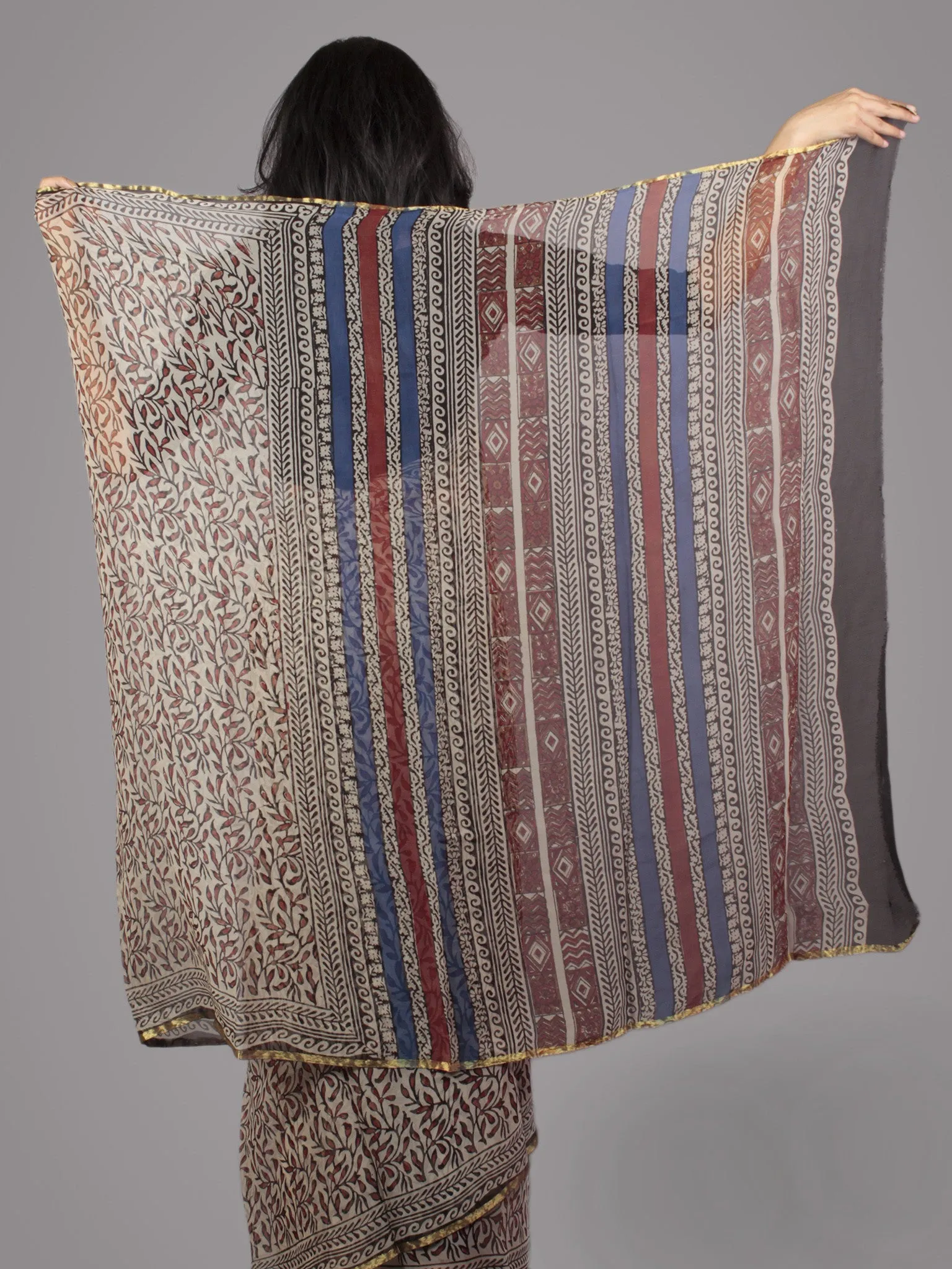 Beige Brown Blue Maroon Hand Block Printed Chiffon Saree - S031701667