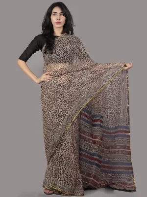 Beige Brown Blue Maroon Hand Block Printed Chiffon Saree - S031701667