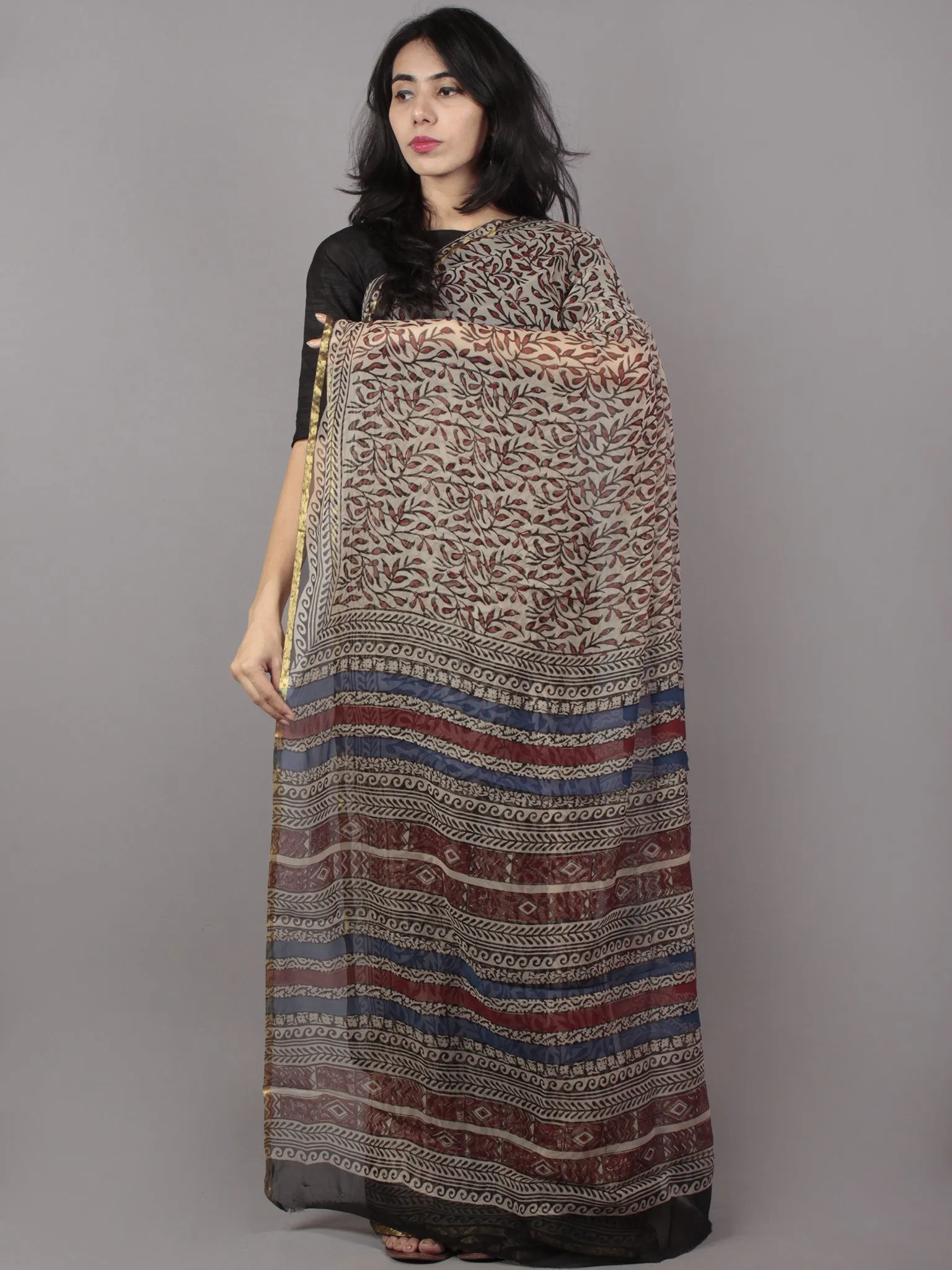 Beige Brown Blue Maroon Hand Block Printed Chiffon Saree - S031701667