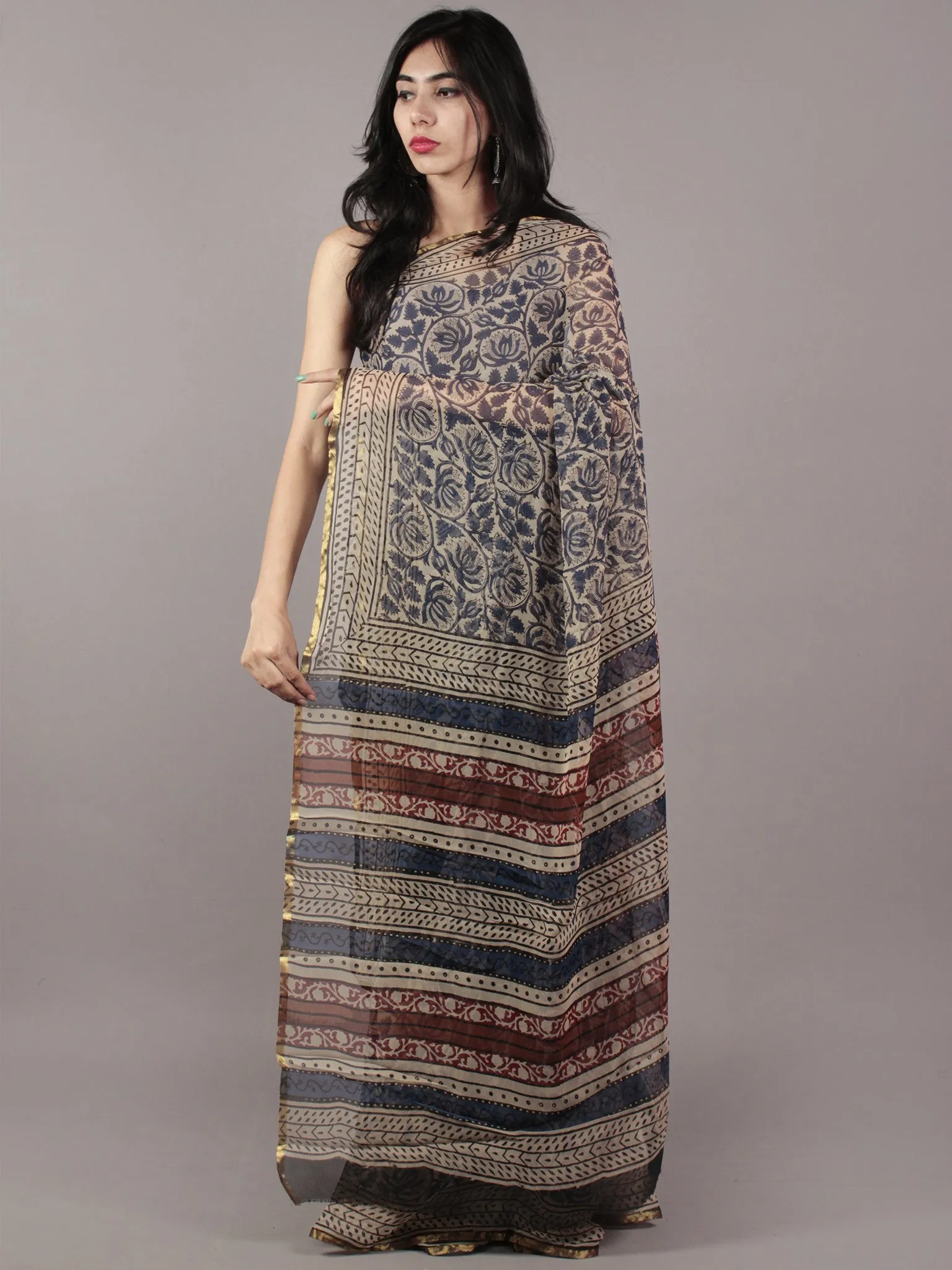 Beige Indigo Black Hand Block Printed Chiffon Saree - S031701822