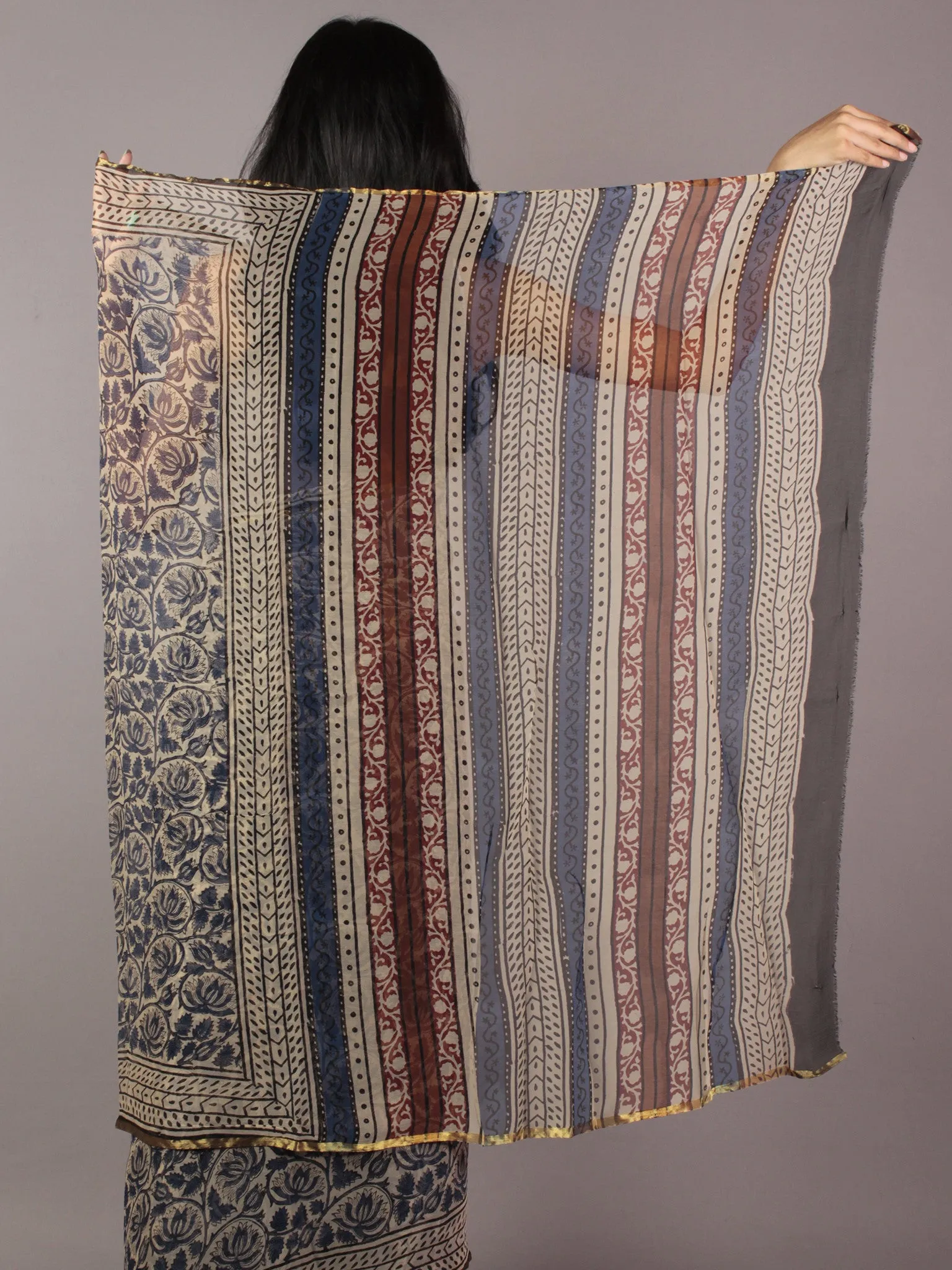 Beige Indigo Black Hand Block Printed Chiffon Saree - S031701822