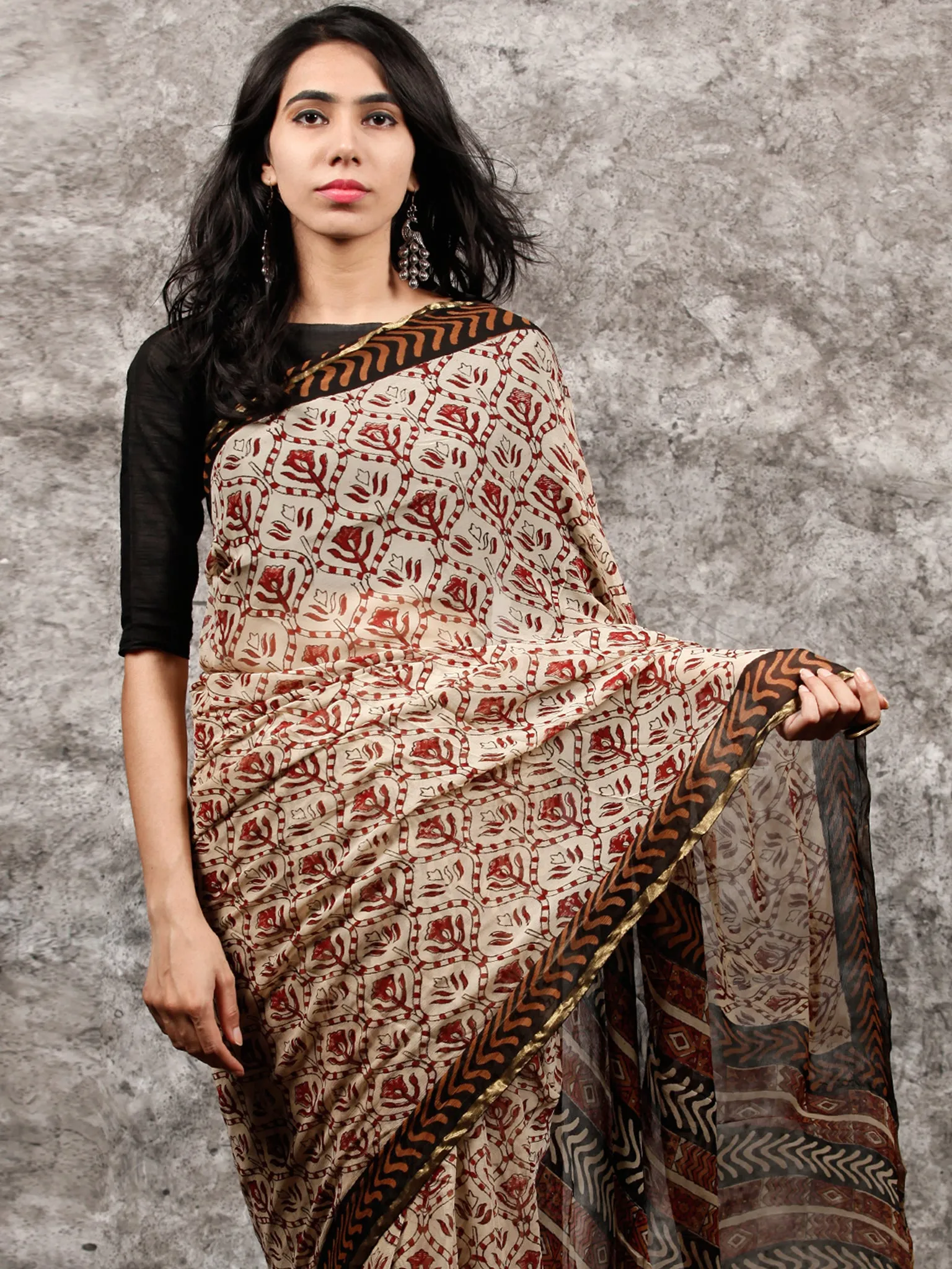 Beige Rust Black Hand Block Printed Chiffon Saree with Zari Border - S031703489