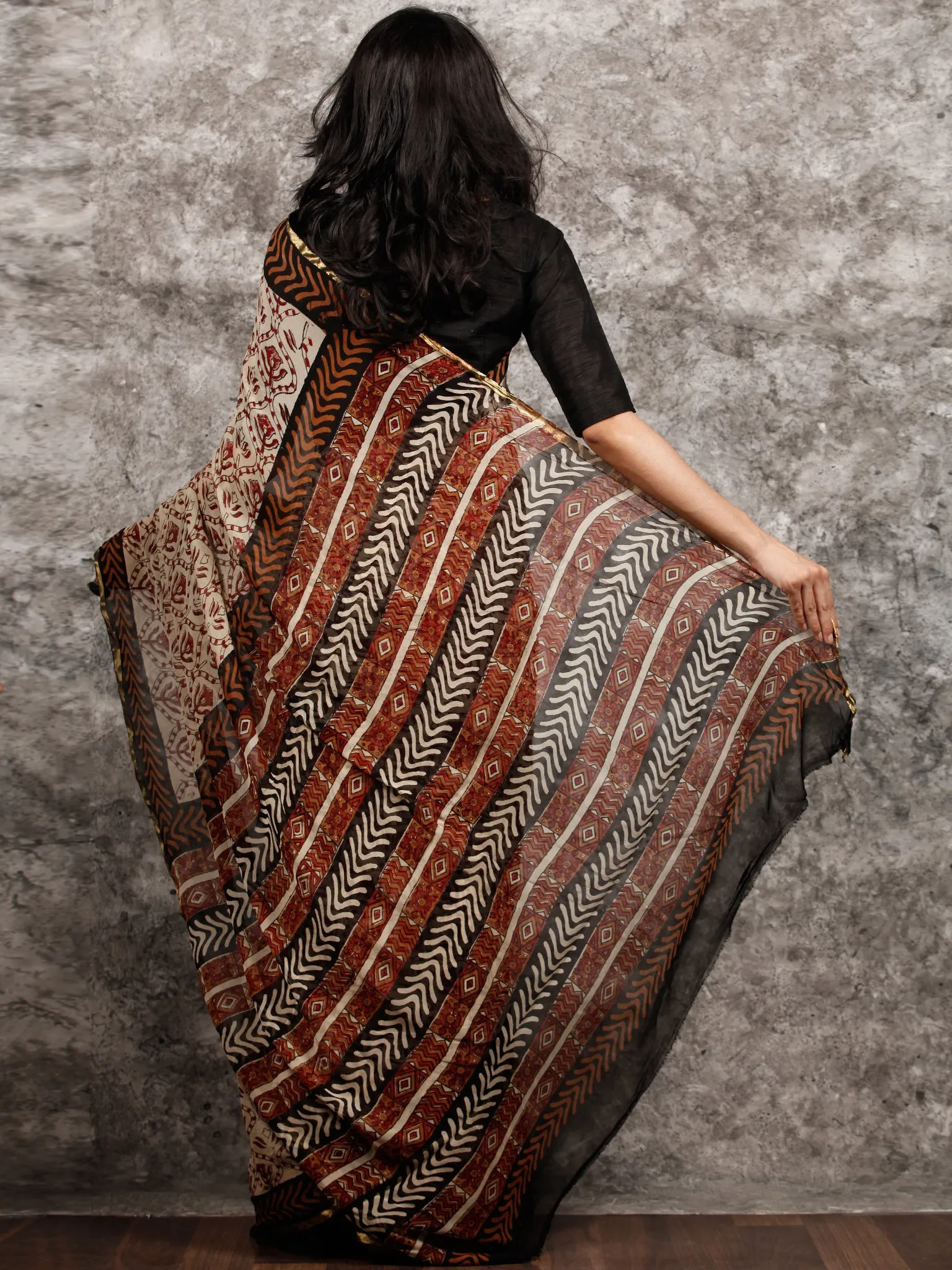 Beige Rust Black Hand Block Printed Chiffon Saree with Zari Border - S031703489