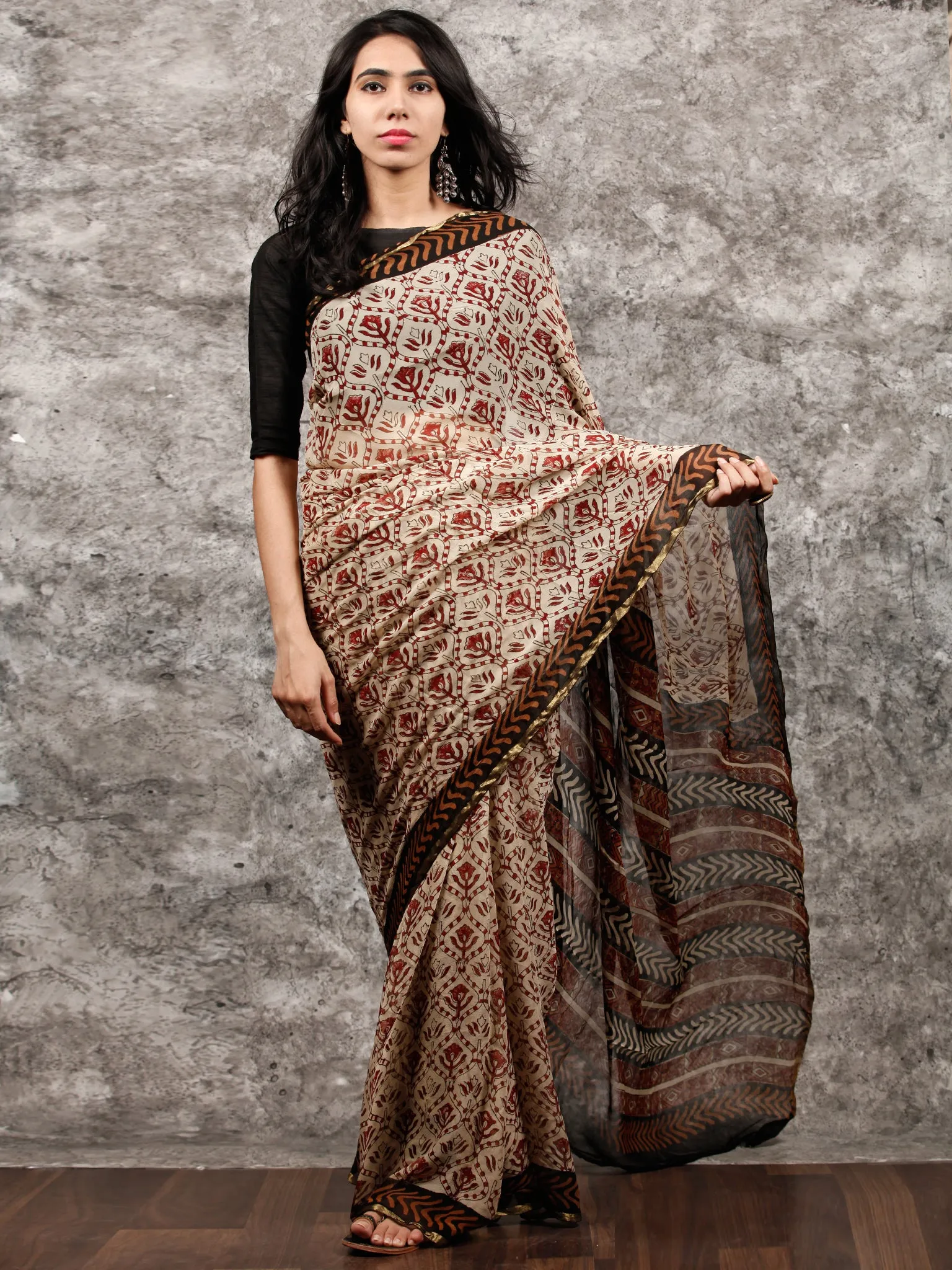 Beige Rust Black Hand Block Printed Chiffon Saree with Zari Border - S031703489